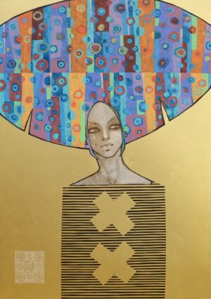 Obraz akrylowy 'Późne lato' Michała Wareckiego na złotym tle, portret kobiety z geometrycznym wzorem we włosach, na sprzedaż w Galeria Wiele Sztuki.