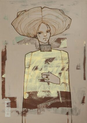 Obraz akrylowy 'Śliwka pod kruszonką' Michała Wareckiego, portret kobiety w żółtym golfie na beżowo-brązowym tle, malarstwo współczesne, Galeria Wiele Sztuki.