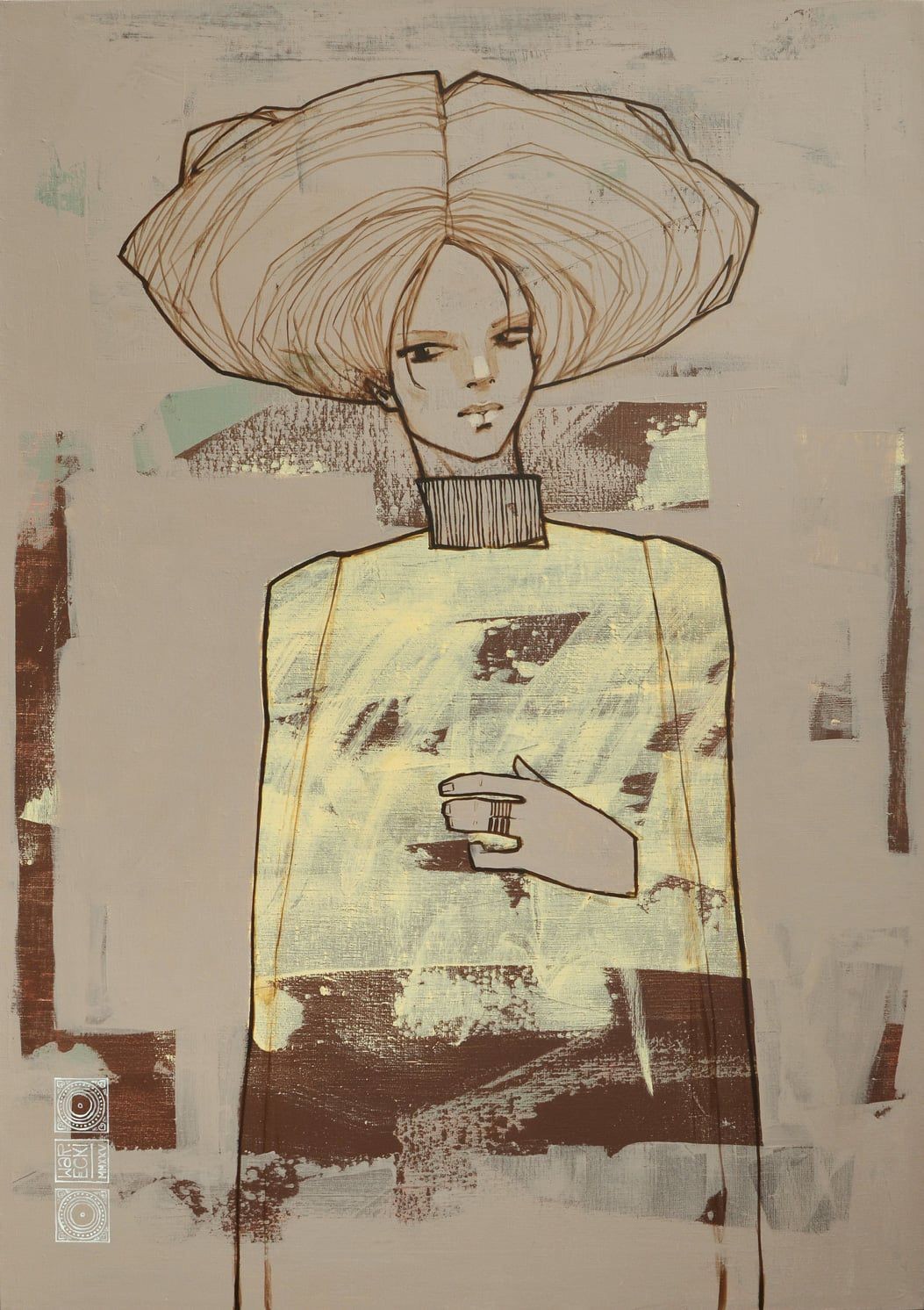 Obraz akrylowy 'Śliwka pod kruszonką' Michała Wareckiego, portret kobiety w żółtym golfie na beżowo-brązowym tle, malarstwo współczesne, Galeria Wiele Sztuki.