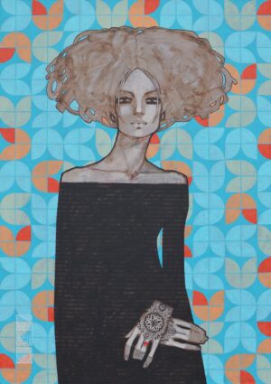 Oryginalny obraz akrylowy 'Ważka' Michała Wareckiego, portret kobiety z brązowym afro na geometrycznym turkusowym tle, pop-art figuratywny, Galeria Wiele Sztuki.