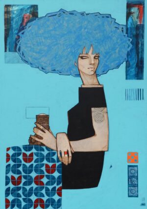 Obraz akrylowy 'Wenus z lustrzanką' Michała Wareckiego na płótnie, na sprzedaż w Galeria Wiele Sztuki – portret kobiety z niebieskim afro i aparatem, pop-art.