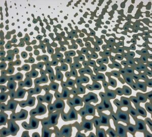 Obraz Jakuba Łącznego „Synchronizacja punktów samoorganizujących się”, współczesna abstrakcja organiczna, dynamiczny wzór ameboidalnych form w odcieniach błękitu, turkusu i szarości na białym tle, akryl na płótnie, Galeria Wiele Sztuki.