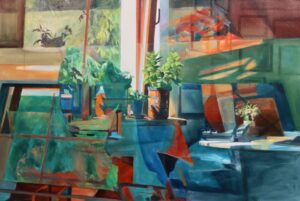 Obraz Oliwki Strzopy „Kompozycja z uchylonym oknem”, współczesne malarstwo figuralne, studium wnętrza, olej na płótnie, Galeria Wiele Sztuki.