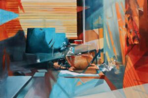 Obraz Oliwki Strzopy „Martwa natura z monitorem”, współczesne malarstwo figuralne, dzieło przedstawia fragment nowoczesnego wnętrza w silnym, kontrastowym oświetleniu, geometryczne płaszczyzny oranżu i błękitu, olej na płótnie, Galeria Wiele Sztuki.