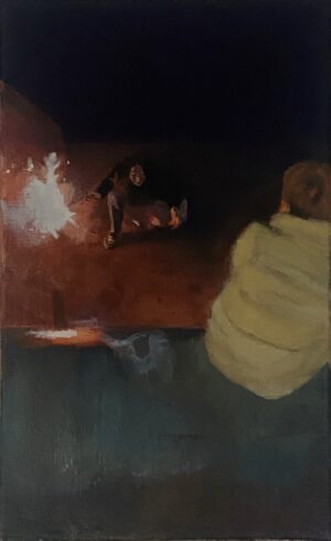 Obraz Bartosza Kościołka „Ognisko”, współczesne malarstwo figuralne, scena nocna przy ognisku, olej na płótnie, Galeria Wiele Sztuki.
