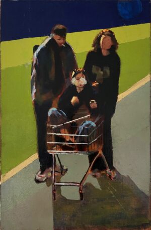 Obraz Bartosza Kościołka „Zakupy”, nowoczesne malarstwo figuralne, troje młodych ludzi w drodze do sklepu na zakupy, jedna osoba siedzi w wózku sklepowym, uproszczone tło w kolorach zieleni i granatu, olej na płótnie, Galeria Wiele Sztuki.