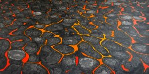 Obraz Jakuba Łącznego „Kurtyna magmy”, abstrakcja organiczna, gwasz na płótnie, kompozycja przedstawiająca rozżarzoną pomarańczową lawę z zastygającymi ciemnoszarymi strukturami, sztuka współczesna, Galeria Wiele Sztuki.