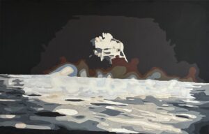 Obraz Jakuba Łącznego „Lądowanie na księżycu”, malarstwo figuralne w estetyce post-cyfrowej, lądownik LEM nad powierzchnią Księżyca, kontrastowa czarno-biała i brązowa paleta barw, akryl na płótnie, Galeria Wiele Sztuki.