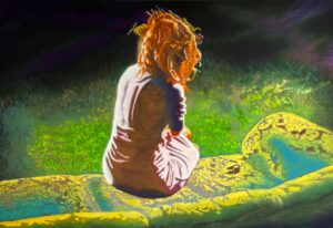 Obraz Jakub Łącznego „Synchronizacja”, współczesny portret kobiety siedzącej na wzorzystym materacu w plenerze, estetyka pop-artu i sztuki cyfrowej, intensywne barwy neonowe żółci i zieleni, akryl na płótnie, Galeria Wiele Sztuki.