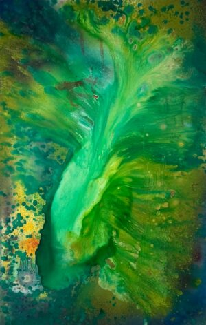 Obraz Jakuba Łącznego „Synchronizacja punktów”, abstrakcja organiczna, dynamiczne zielone i żółte formy przypominające płynną materię lub rozkwitającą naturę na ciemniejszym tle, akryl na płótnie, oferta Galerii Wiele Sztuki.