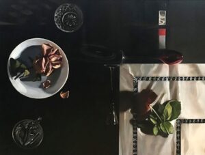 Obraz olejny na płótnie Julii Marchlewskiej „Martwa natura z różami”, współczesne malarstwo realistyczne, wyrafinowana kompozycja łącząca nostalgię z nowoczesną formą, oferta Galeria Wiele Sztuki.