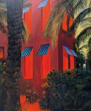 Obraz Katarzyny Bąkowskiej-Roszkowskiej „Przerwa w zabawie”, współczesne malarstwo akrylowe, surrealistyczna scena z czerwoną fasadą budynku i palmami, postać w masce owada trzymająca lody, estetyka mezoamerykańska, Galeria Wiele Sztuki.