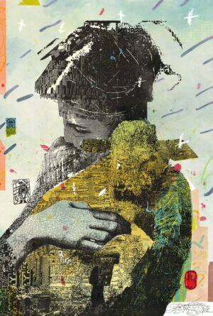 Galeria Wiele Sztuki prezentuje grafikę warsztatową Karola Lewalskiego „Laktoza (gluten free)” (2025). Kompozycja wertykalna (112x75 cm) wykonana w technice barwnego linorytu traconego. Przedstawia oniryczną, centralną postać kobiecą w czepku, tulącą małą owieczkę.