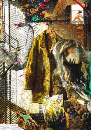 Galeria Wiele Sztuki prezentuje grafikę warsztatową Karola Lewalskiego „Spotkanie tam, gdzie pada pierwsze światło” (2025). Kompozycja horyzontalna (84x119 cm) wykonana w technice barwnego linorytu traconego, zdominowana przez geometryczne, przenikające się formy w odcieniach głębokiego błękitu, granatu, rdzawej pomarańczy i bieli.