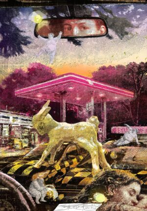 Galeria Wiele Sztuki prezentuje grafikę Karola Lewalskiego „Strażnik (Bambi)” (2025). Kompozycja wertykalna (120x85 cm), barwny linoryt tracony. Widok z wnętrza samochodu na nocną stację benzynową: w lusterku wstecznym odbicie oczu, w prawym dolnym rogu śpiące dziecko. Na dalszym planie, na maskach wozów technicznych w żółto-czarną szachownicę, stoi złoty jelonek Bambi.