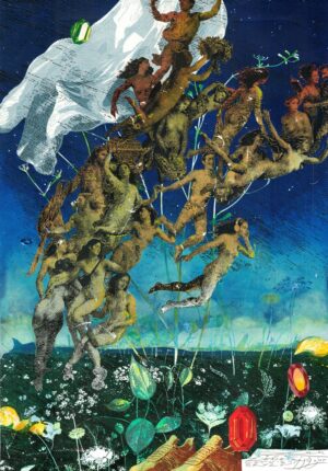 Galeria Wiele Sztuki prezentuje grafikę warsztatową Karola Lewalskiego „Zapach letniej bryzy” (2025) wykonaną w technice linorytowej. Kompozycja przedstawia dynamiczną grupę nagich postaci unoszących się nad ukwieconą łąką w stronę głębokiego, nocnego błękitu nieba. Całość nasycona intensywnymi kolorami: od błękitu i turkusu, przez zieleń roślinności, po czerwone i żółte akcenty przypominające kamienie szlachetne.