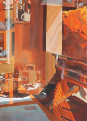 Obraz Oliwki Strzopy „Kompozycja z gipsową głową (oranż)”, współczesna martwa natura i studium wnętrza, pastel na papierze, Galeria Wiele Sztuki.