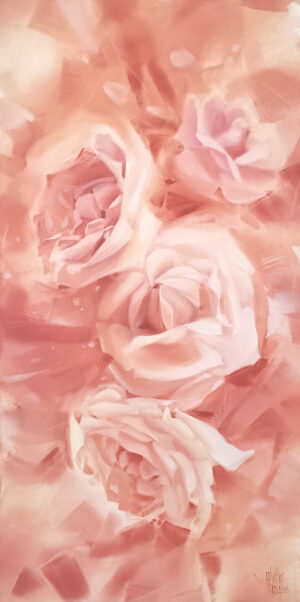 Galeria Wiele Sztuki prezentuje obraz olejny Kariny Jaźwińskiej „Cukrowe lato” (2023). Kompozycja wertykalna (100x50 cm) w pastelowej, ciepłej kolorystyce. Malarstwo o subtelnej fakturze i łagodnych przejściach tonalnych