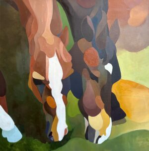 Galeria Wiele Sztuki przedstawia obraz olejny Małgorzaty Kida „Konie”, 2025. Współczesna kompozycja figuralna przedstawiająca fragmenty sylwetek koni rozbitych na geometryczne plamy barwne. Styl nawiązujący do kubizmu i Art Déco.