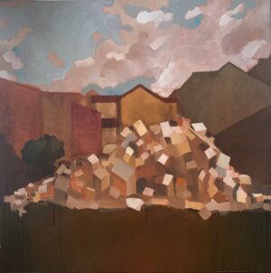 Galeria Wiele Sztuki prezentuje obraz olejny Małgorzaty Kida, będący środkową częścią tryptyku „Moje miejsce”, 80x80cm, 2025. Obraz przedstawia hałdę gruzu lub cegieł na tle uproszczonych sylwetek domów i zachmurzonego nieba. Dominują brązy, ugry i zgaszone róże. Stylistyka obrazu jest geometryczna, kubizująca.