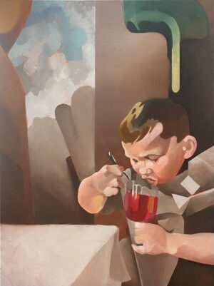 Galeria Wiele Sztuki prezentuje obraz olejny Małgorzaty Kida, będący częścią tryptyku o przemijaniu „Moje miejsce”. Obraz przedstawia małego chłopca siedzącego przy stole i pijącego czerwony napój z wysokiej szklanki. Stylistyka geometryczna, uproszczone formy, dominacja brązów i bieli z akcentem intensywnej czerwieni.