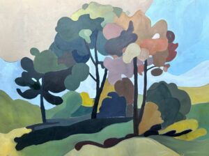 Galeria Wiele Sztuki prezentuje obraz olejny Małgorzaty Kida „Pejzaż z pleneru (Dłużew)”, 2025. Nowoczesny pejzaż przedstawiający grupę drzew o uproszczonych, geometrycznych koronach na tle jasnego nieba i zielonych wzgórz. Dominują odcienie oliwki, błękitu, ochry i brudnego różu. Stylistyka szkoły paryskiej.