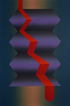 Galeria Wiele Sztuki prezentuje obraz akrylowy Zbigniewa Olszyny „Falcowanie” (2025) z cyklu „The Folds”. Kompozycja wertykalna przedstawiająca fioletowo-czarną formę przypominającą harmonijkę, przeciętą zygzakowatą, czerwoną linią. Tło ciemne, gradientowe z pionowym rozświetleniem w centrum. Styl oniryczny, precyzyjna geometria.