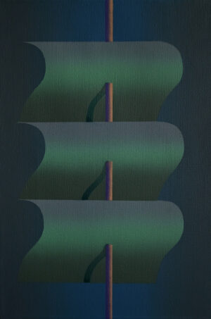 Galeria Wiele Sztuki prezentuje obraz akrylowy Zbigniewa Olszyny „Gięcie” (2025). Kompozycja wertykalna przedstawiająca trzy zielone, falujące formy przypominające żagle, osadzone na pionowym, miedziano-brązowym maszcie. Tło ciemne, gradientowe. Styl oniryczny, miękkie przejścia tonalne.