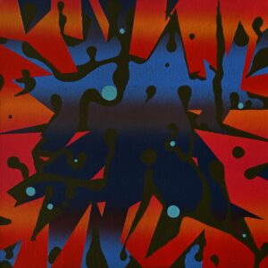 Galeria Wiele Sztuki prezentuje obraz akrylowy Zbigniewa Olszyny, Klejenie świata na nowo, 2021. Kwadratowy format 29x29 cm. Kompozycja z ciemnymi, organicznymi plamami przypominającymi rozlaną ciecz na tle ostrych, czerwono-pomarańczowych form geometrycznych.