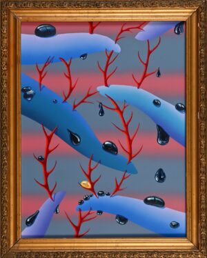 Galeria Wiele Sztuki prezentuje obraz olejny Zbigniewa Olszyny pt. „Kolce pamięci umierające wewnętrzne worki niepamięci” (2024). Kompozycja w ozdobnej, złoconej ramie. Przedstawia niebieskie, obłe formy przypominające palce lub worki, z których wyrastają czerwone, koralowe kolce.