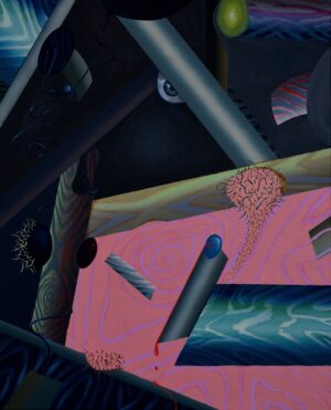 Galeria Wiele Sztuki prezentuje obraz olejny Zbigniewa Olszyny „Szybkie spojrzenie na wewnętrzny pejzaż”, 2022. Surrealistyczna, mroczna kompozycja łącząca formy geometryczne z organicznymi: ludzkim okiem, splotami nerwowymi i kroplami krwi. Dominują czernie, głębokie błękity, róż i akcenty zieleni.