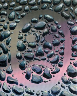 Galeria Wiele Sztuki prezentuje obraz Zbigniewa Olszyny „W kamiennym kręgu (Ziemia, z serii żywioły)” z 2022 r. Kompozycja przedstawiająca dużo szaro-błękitnych kamieni ułożonych w koncentryczne kręgi na tle ciepłego, pomarańczowo-różowego gradientu. Precyzyjne bliki świetlne, styl oniryczny.