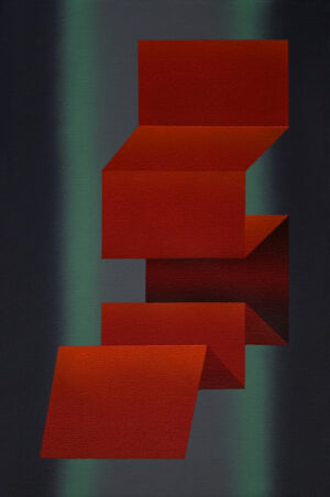 Galeria Wiele Sztuki prezentuje obraz akrylowy Zbigniewa Olszyny „Zaginanie” (2025) z cyklu „The Folds”. Kompozycja wertykalna przedstawiająca czerwoną, ostro załamaną strukturę geometryczną na ciemnym, gradientowym tle z pionowym zielonym rozświetleniem. Styl oniryczny, silna dekonstrukcja formy.