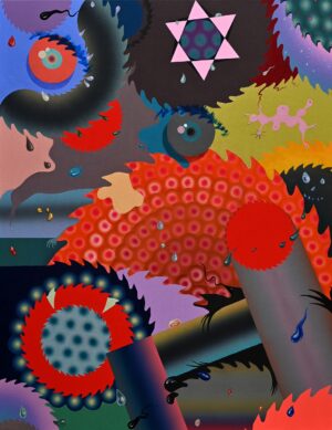 Galeria Wiele Sztuki prezentuje obraz Zbigniewa Olszyny „Zapłodnienie na życzenie” (2024), technika mieszana olej i akryl na płótnie. Abstrakcyjna kompozycja biomorficzna przedstawiająca skomplikowany, czarny układ naczyń i tkanek na jasnym, różowo-niebieskim tle.