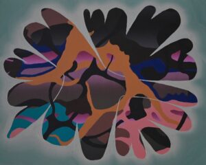 Galeria Wiele Sztuki prezentuje obraz Zbigniewa Olszyny „Pokaż kotku co masz w środku” z, 2024r. Centralna, biomorficzna forma o nieregularnych krawędziach na jasnym tle. Technika mieszana na płótnie.