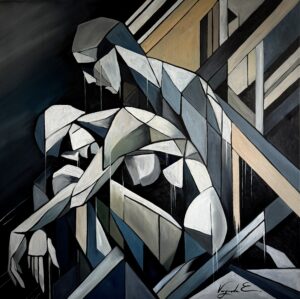 Galeria Wiele Sztuki prezentuje obraz olejny Elizabeth Voryvody „Bezsilność” (2026). Kompozycja utrzymana w stylistyce geometrycznej przedstawia dwie zgeometryzowane, splecione postacie. Tło tworzą dynamiczne, szaro-ugrowe płaszczyzny.