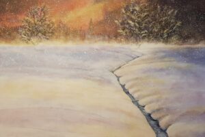 Galeria Wiele Sztuki prezentuje obraz akrylowy Jacka Malinowskiego „Inverno 2024” (Zima 2024). Kompozycja przedstawia zimowy pejzaż z wąskim strumieniem przecinającym ośnieżone pola.