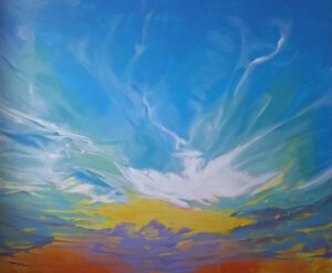 Galeria Wiele Sztuki prezentuje obraz Mai Waśkowiak „Chmury 2” (180x150 cm). Kompozycja w jasnej, świetlistej tonacji ukazuje pierzaste formy chmur Cirrus, malowane z dużą swobodą pędzla w barwach bieli, błękitu i ciepłego złota.