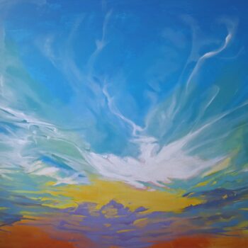 Galeria Wiele Sztuki prezentuje obraz Mai Waśkowiak „Chmury 2” (180x150 cm). Kompozycja w jasnej, świetlistej tonacji ukazuje pierzaste formy chmur Cirrus, malowane z dużą swobodą pędzla w barwach bieli, błękitu i ciepłego złota.