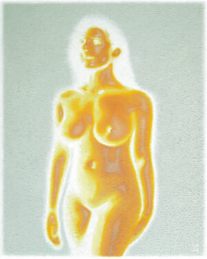 Galeria Wiele Sztuki prezentuje obraz Macieja Wichnowskiego „Baba z cyckami”. Jest to świetlisty akt kobiecy wykonany w technice olejnej, charakteryzujący się intensywną, ciepłą aurą i specyficznym efektem solaryzacji. Postać o złotym kolorycie wyłania się z chłodnego, teksturowanego tła, tworząc silny kontrast walorowy.