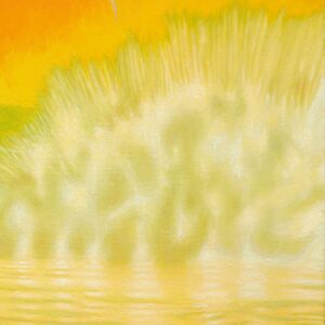 Fragment obrazu Macieja Wichnowskiego „Nad rzeką Kwai” przedstawiający ekspresyjny pejzaż w tonacjach jaskrawego pomarańczu i bieli. Obraz dostępny w ofercie Galerii Wiele Sztuki.