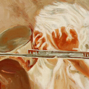 Fragment obrazu Macieja Wichnowskiego „O Trzecim maja Goi”. Widoczna postać zakrywająca twarz dłońmi. Obraz dostępny w ofercie Galerii Wiele Sztuki.