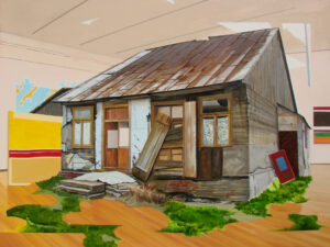 Galeria Wiele Sztuki prezentuje obraz olejny Piotra Tymochowicza „Paradise lost vol 41” z cyklu Homeland. Kompozycja przedstawia drewnianą, niszczejącą chatę z blaszanym dachem, umieszczoną w sterylnym wnętrzu nowoczesnej galerii.