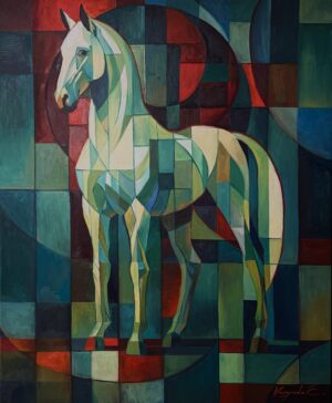 Galeria Wiele Sztuki przedstawia obraz olejny Elizabeth Voryvody z 2026 r. przedstawiający konia w ujęciu profilowym. Kompozycja w stylu kubizmu syntetycznego, w której sylwetka zwierzęcia i tło zostały rozbite na rytmiczne, geometryczne płaszczyzny (prostokąty, kwadraty i łuki).