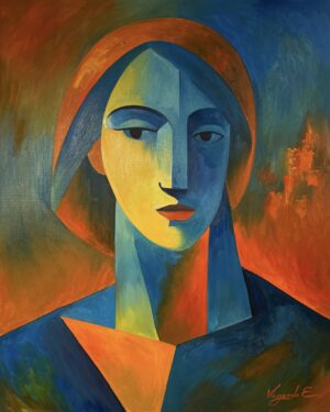 Galeria Wiele Sztuki przedstawia modernistyczny portret kobiety autorstwa Elizabeth Voryvody (2026). Obraz olejny na płótnie w formacie pionowym. Przedstawia popiersie kobiety o wydłużonej szyi i migdałowych oczach, stylizowane na estetykę Modiglianiego. Kompozycja geometryczna, o silnym konturze, łącząca fowistyczną kolorystykę z kubistycznym podziałem płaszczyzn.