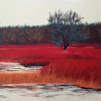 Galeria Wiele Sztuki prezentuje wielkoformatowy obraz akrylowy Jacka Malinowskiego „Paesaggio XII”. Horyzontalna kompozycja (150x90 cm) ukazuje jezioro z pasem intensywnie czerwonych trzcin na pierwszym planie. Praca wyróżnia się mocną, ciekawą, czerwoną kolorystyką szuwarów kontrastującą z chłodnymi błękitami wody i nieba.