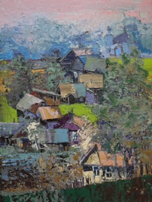 Galeria Wiele Sztuki prezentuje obraz olejny na płótnie Daniela Gromackiego „Moje Podlasie V”. Pionowa kompozycja (80x60 cm) ukazująca malowniczy podlaski krajobraz z wioską i drewnianymi chałupami, ponad którymi na horyzoncie zarysowuje się bryła cerkwi na tle jasnoróżowego, wieczornego nieba.