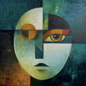 Elizabeth Voryvoda, Balans – kubistyczny portret olejny w formacie 90x90 cm z 2026 roku, przedstawiający owalną twarz podzieloną na geometryczne sekcje, z hipnotyzującym okiem.